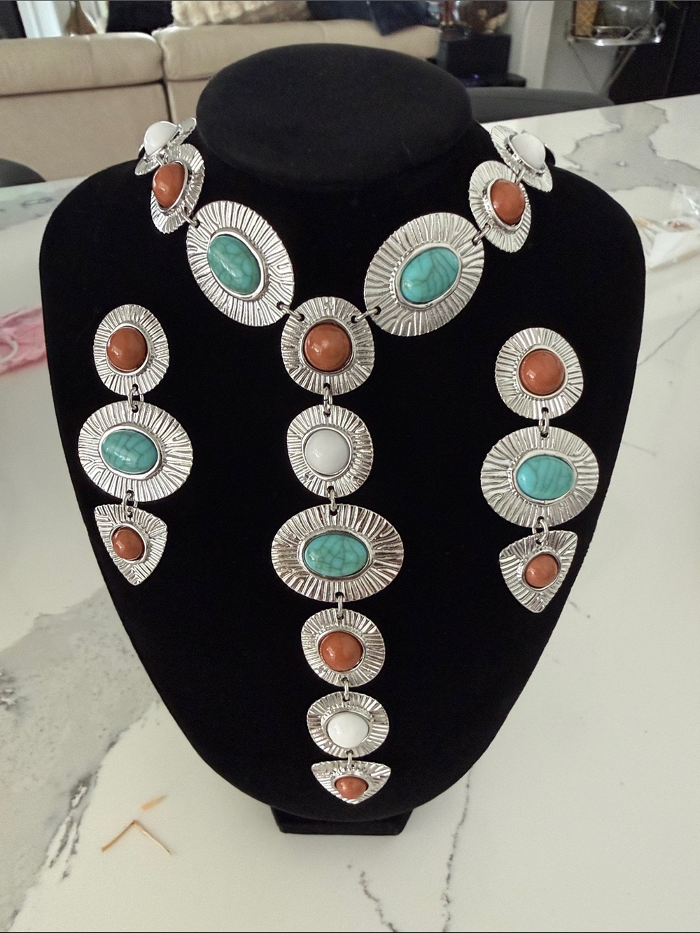 Silver Statement Necklace & Earrings Set with Turquoise, Coral, and White Stones